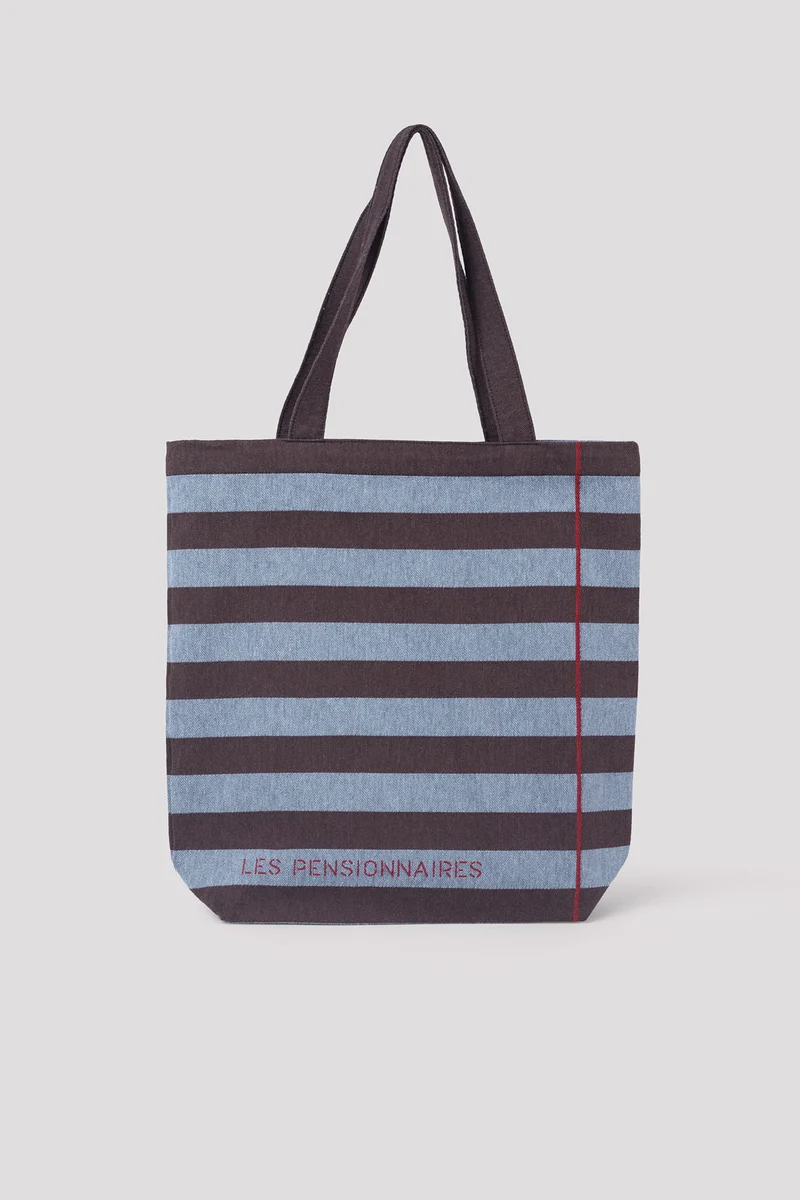 Tote bag rayé en fibres recyclées bleu et marron