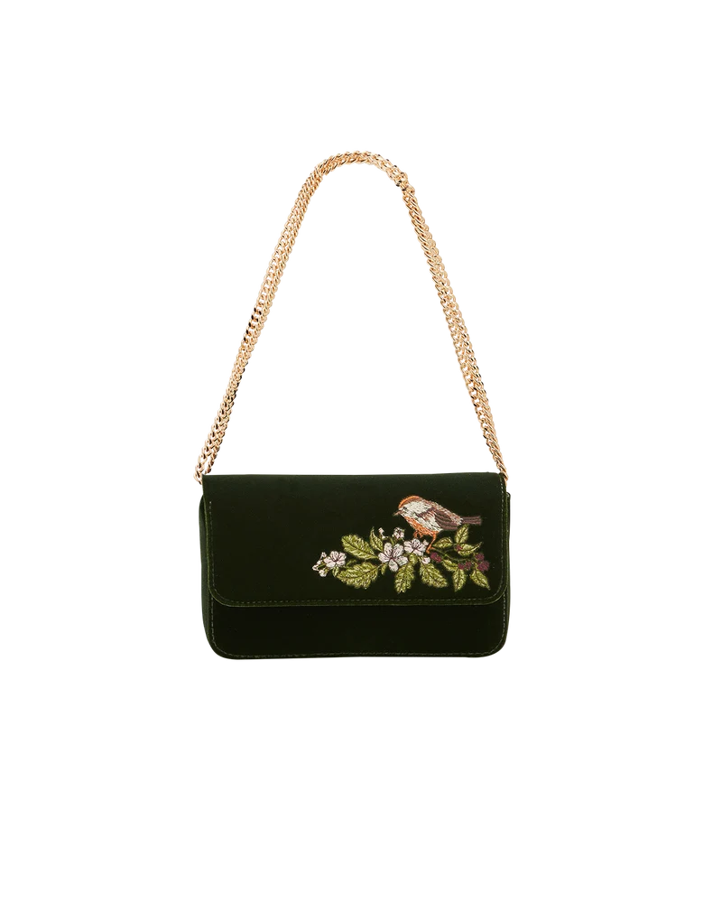 Sophia Wren Embroidered Occasion Bag in Green Velvet