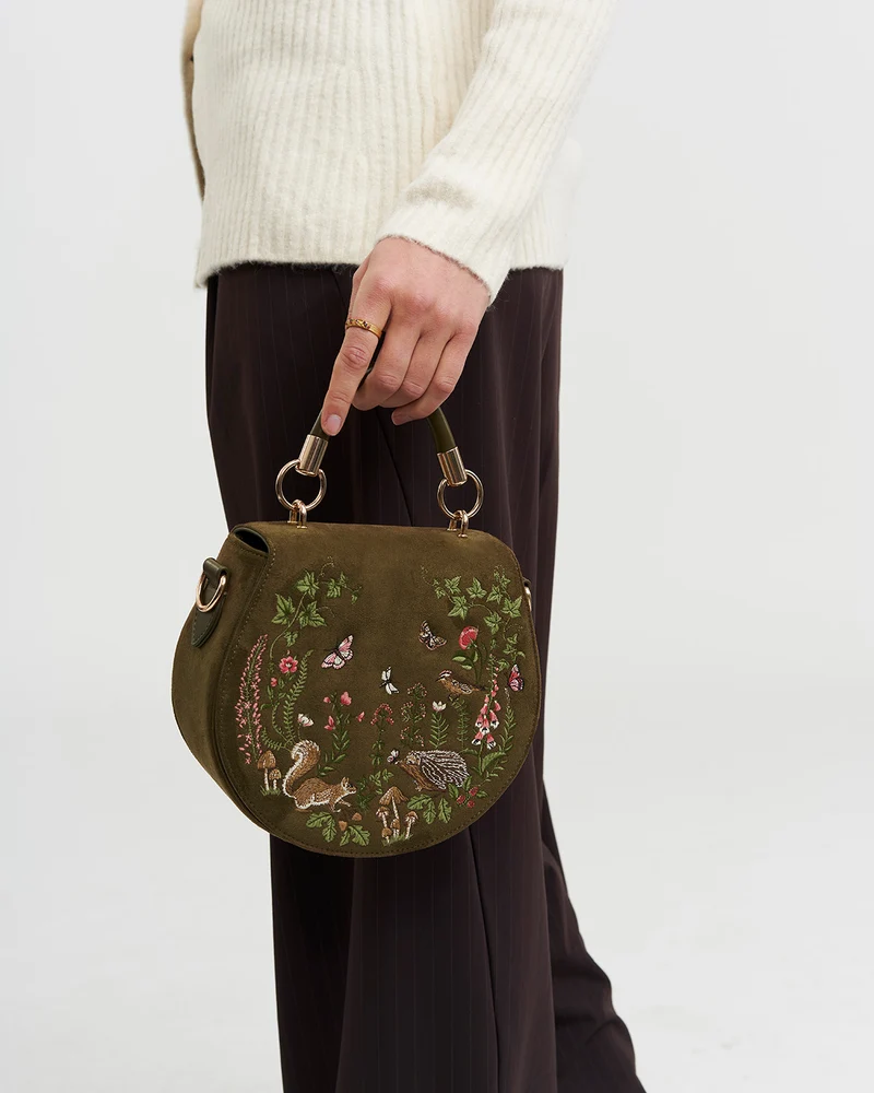 Charlotte Meadow Scene Embroidered Faux Suede Saddle Bag in Khaki