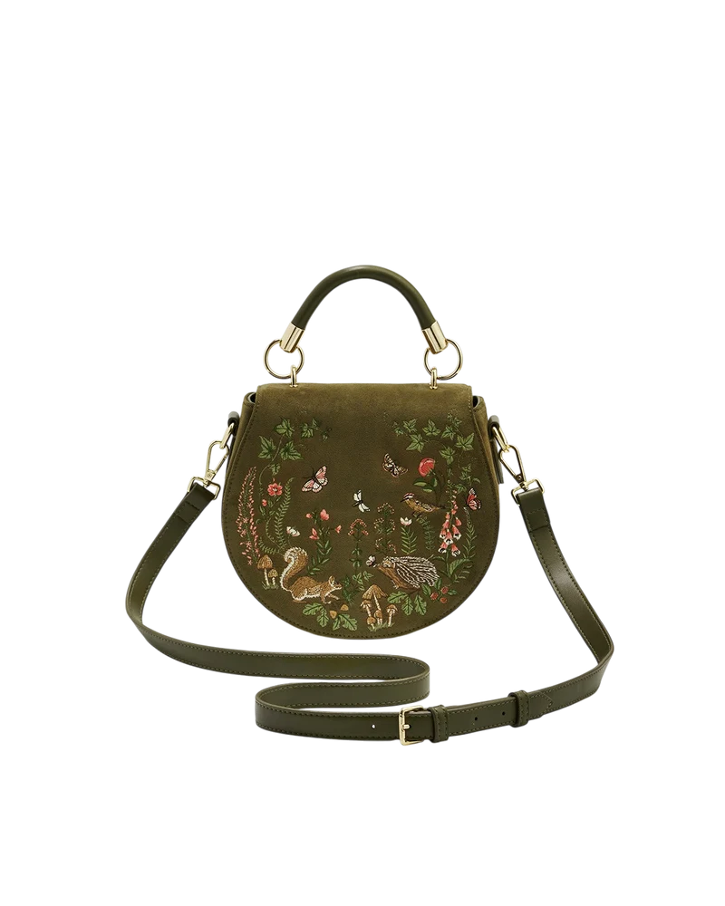 Charlotte Meadow Scene Embroidered Faux Suede Saddle Bag in Khaki