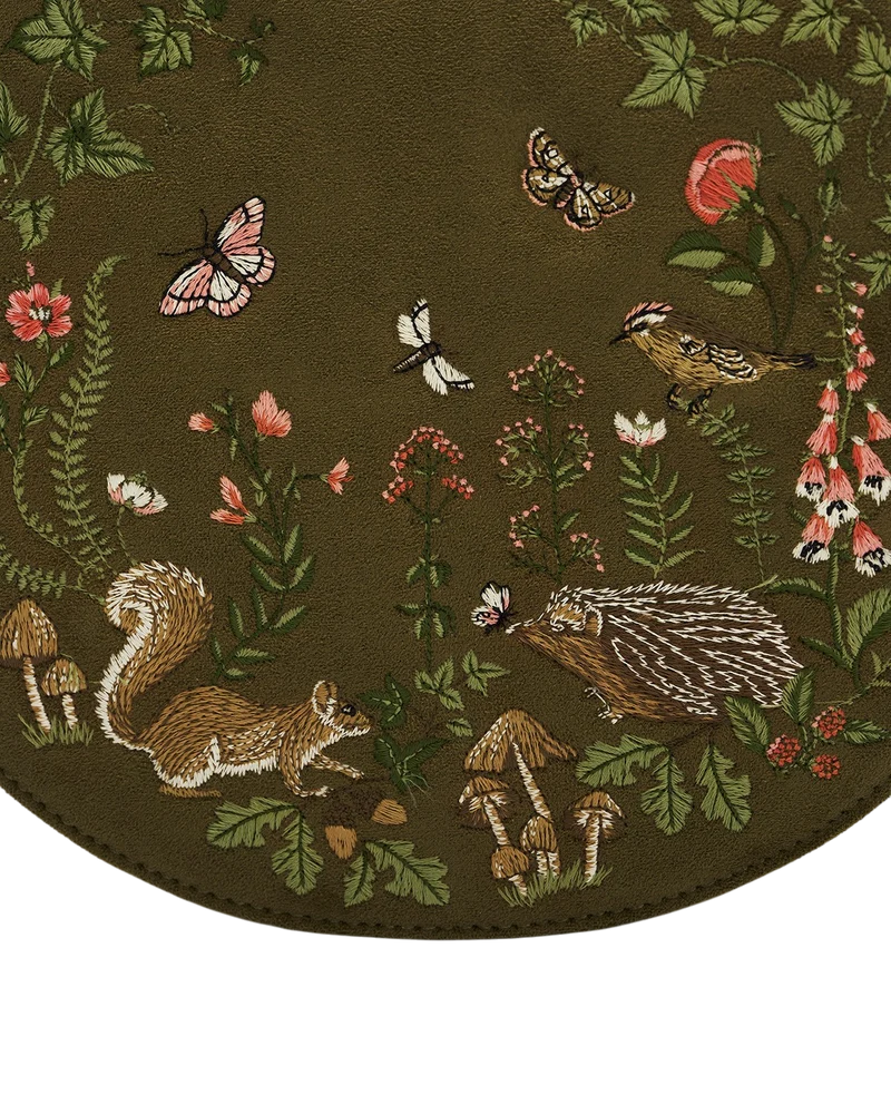Charlotte Meadow Scene Embroidered Faux Suede Saddle Bag in Khaki