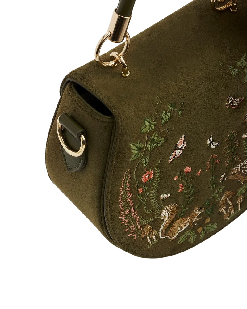 Charlotte Meadow Scene Embroidered Faux Suede Saddle Bag in Khaki