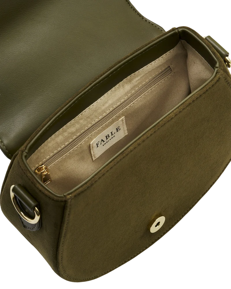 Charlotte Meadow Scene Embroidered Faux Suede Saddle Bag in Khaki