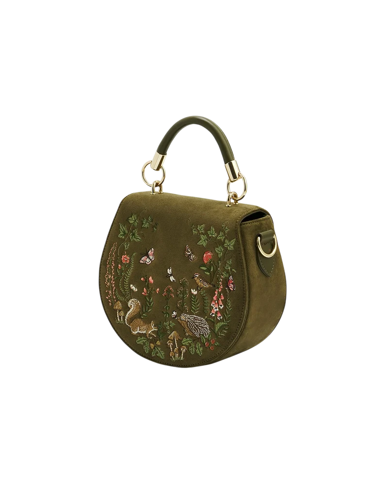Charlotte Meadow Scene Embroidered Faux Suede Saddle Bag in Khaki