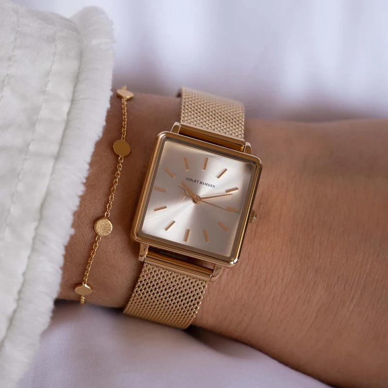 Violet Hamden Dawn Base Montre Carrée Femme Dorée et Argentée VH09024