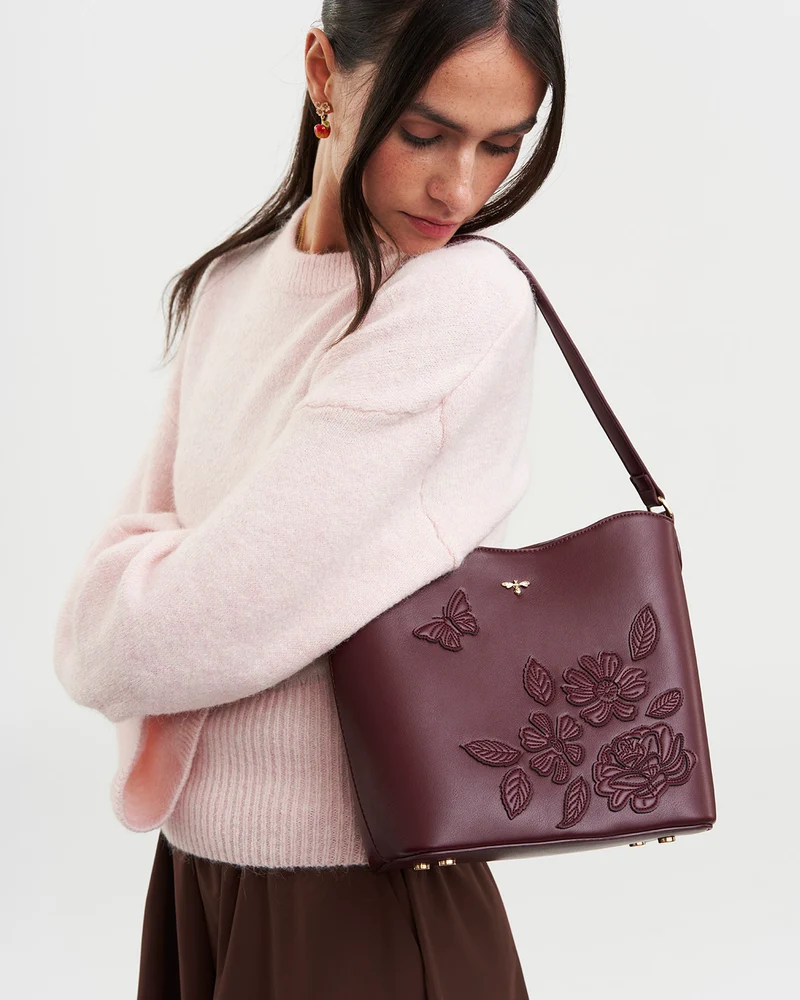 Floral and Butterfly Applique Bucket Bag in Burgundy
