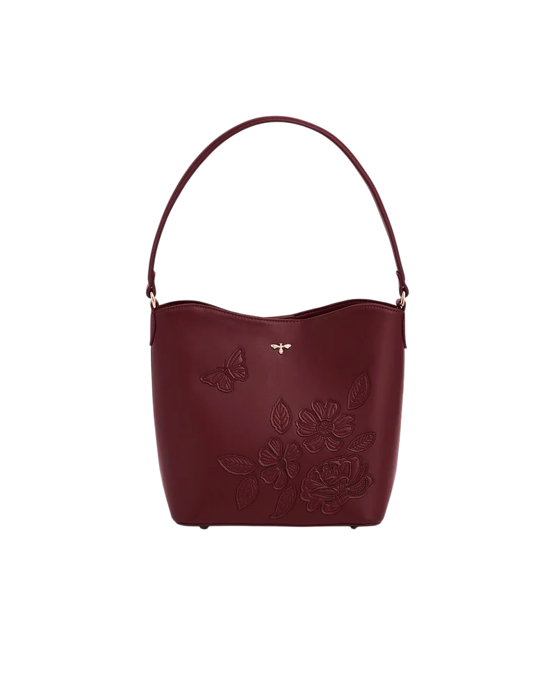 Floral and Butterfly Applique Bucket Bag in Burgundy