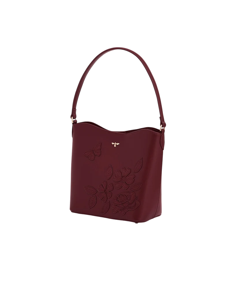 Floral and Butterfly Applique Bucket Bag in Burgundy