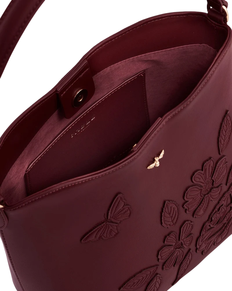 Floral and Butterfly Applique Bucket Bag in Burgundy