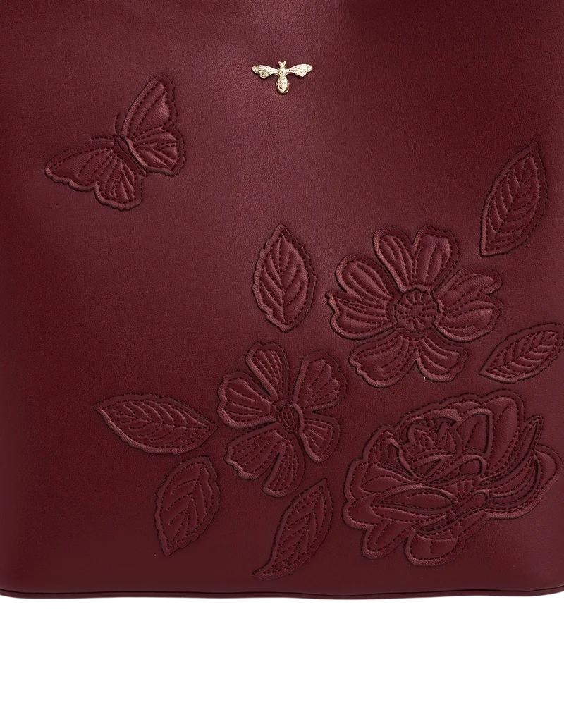 Floral and Butterfly Applique Bucket Bag in Burgundy