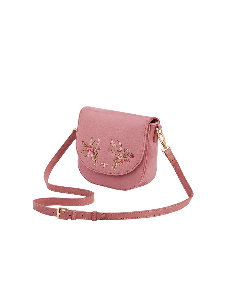 Beth Floral Posy Embroidered Saddle Bag in Rose Pink Velvet