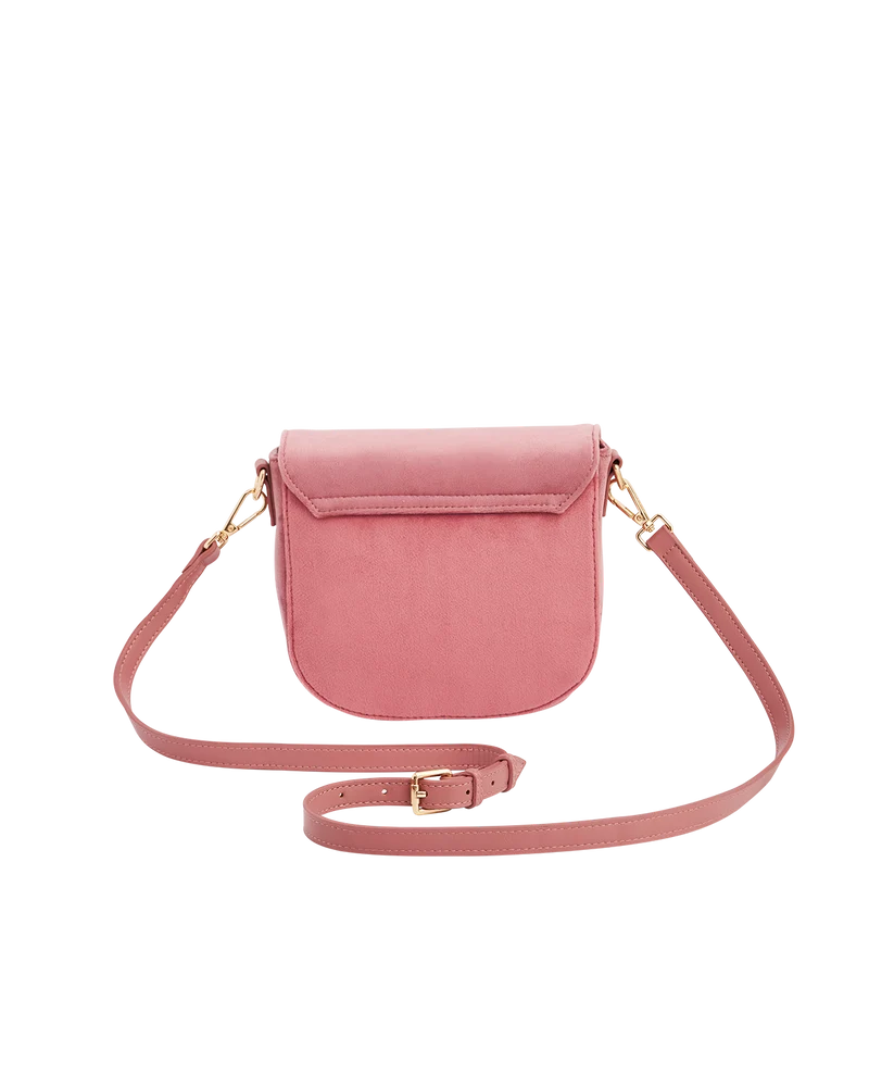 Beth Floral Posy Embroidered Saddle Bag in Rose Pink Velvet
