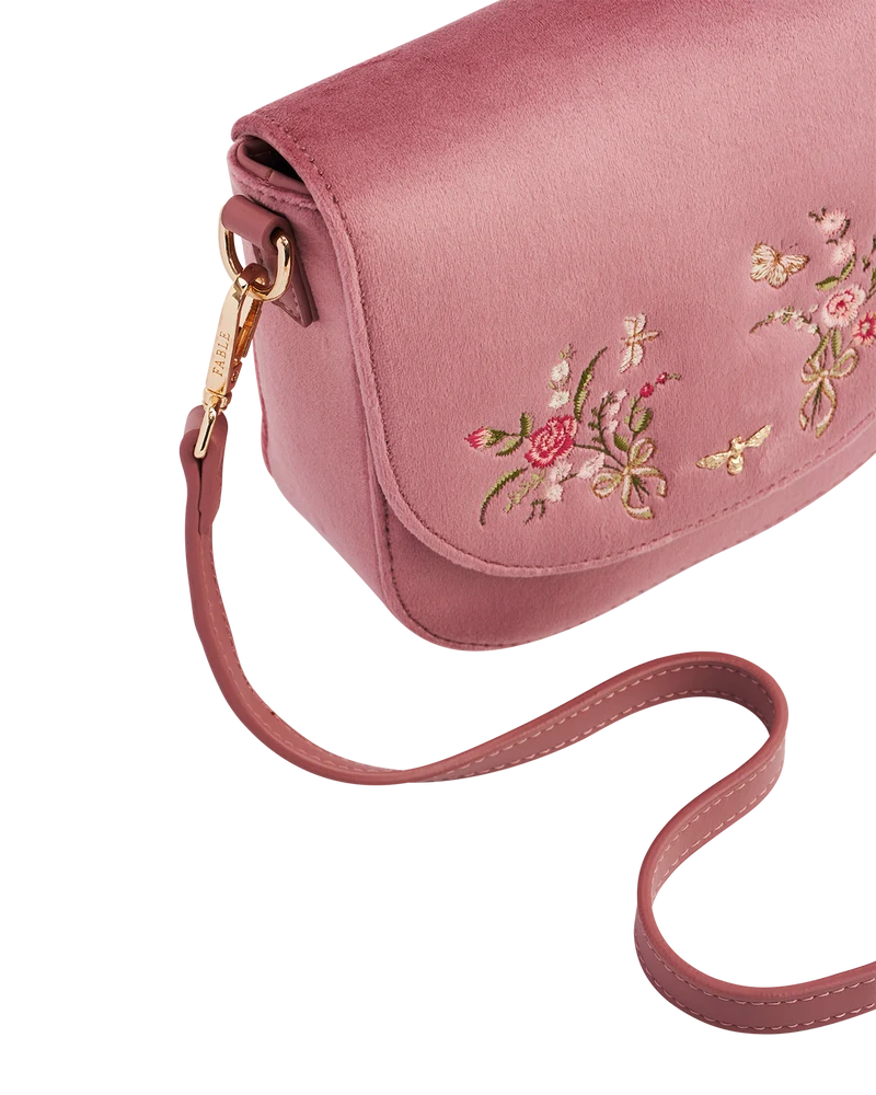 Beth Floral Posy Embroidered Saddle Bag in Rose Pink Velvet