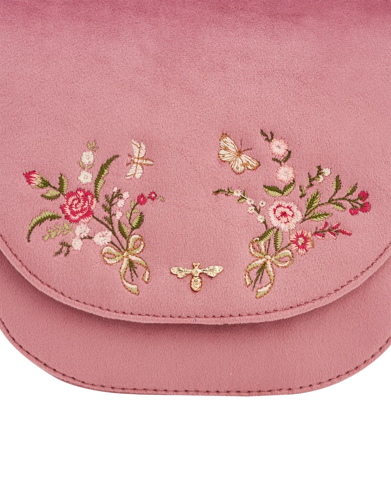 Beth Floral Posy Embroidered Saddle Bag in Rose Pink Velvet