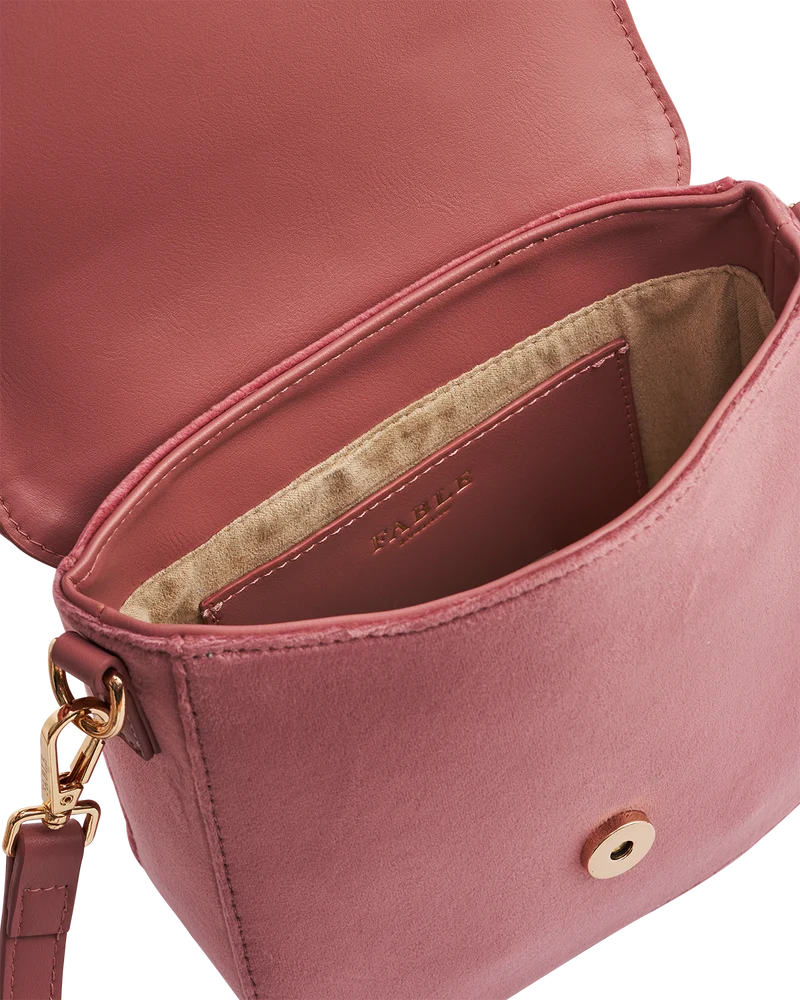 Beth Floral Posy Embroidered Saddle Bag in Rose Pink Velvet