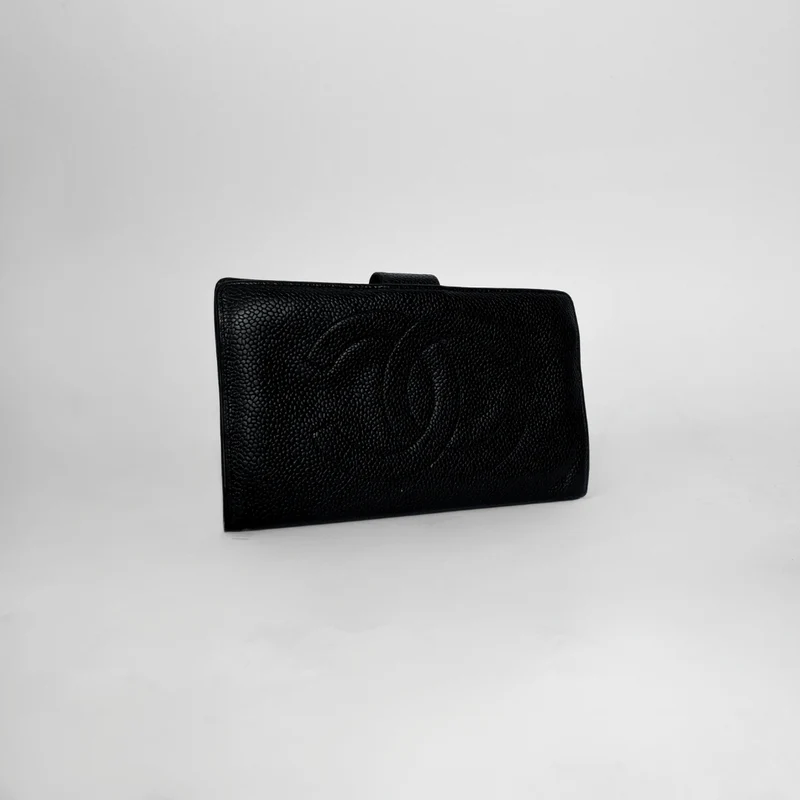 Chanel Portefeuille long CC French en cuir caviar noir