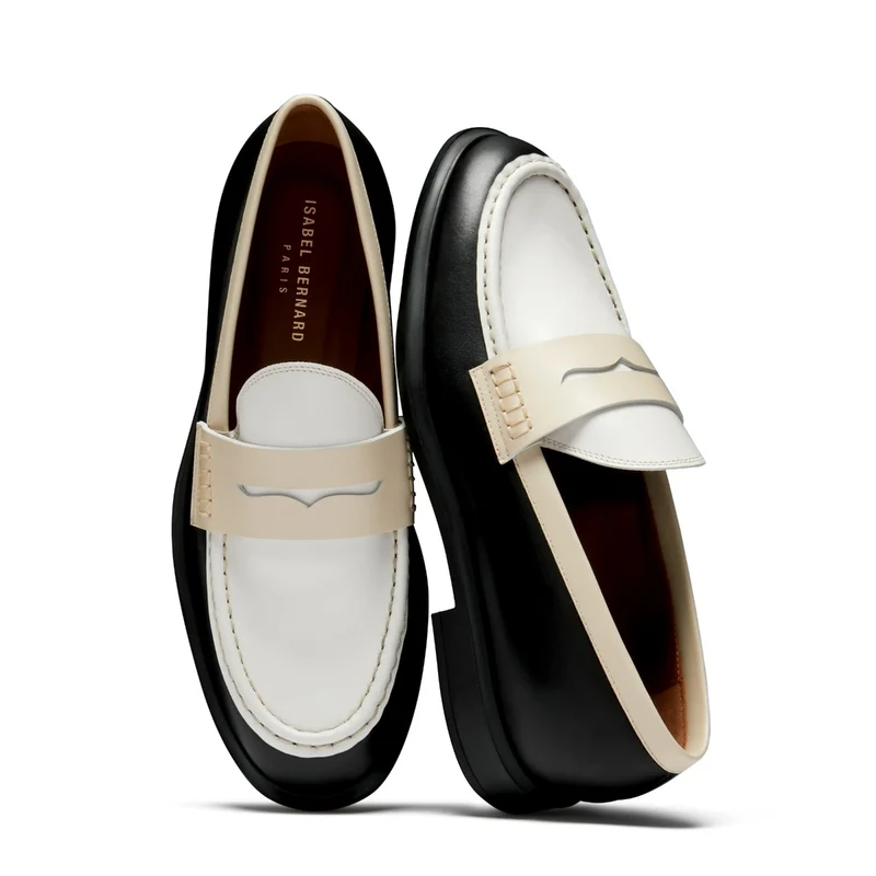 Isabel Bernard Mocassins Blandine en cuir de veau noir et blanc avec détails blancs IB51015-10170-36