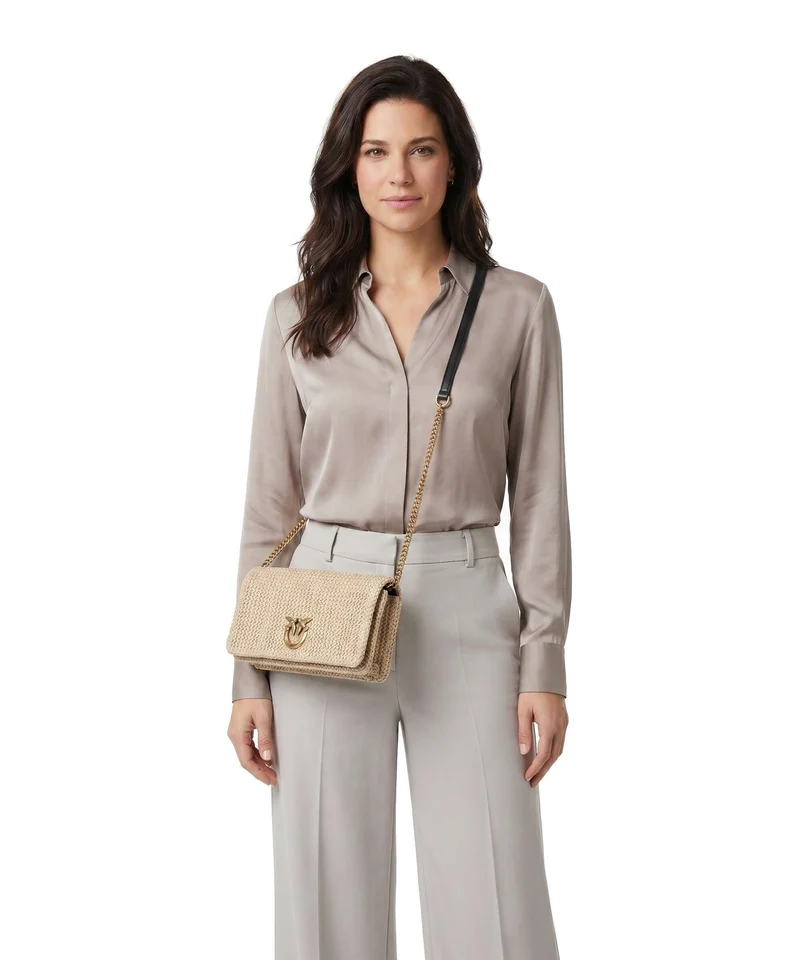 Pinko Love Click Soft Horizontal Classic Sac bandoulière rafia/nero/antique gold