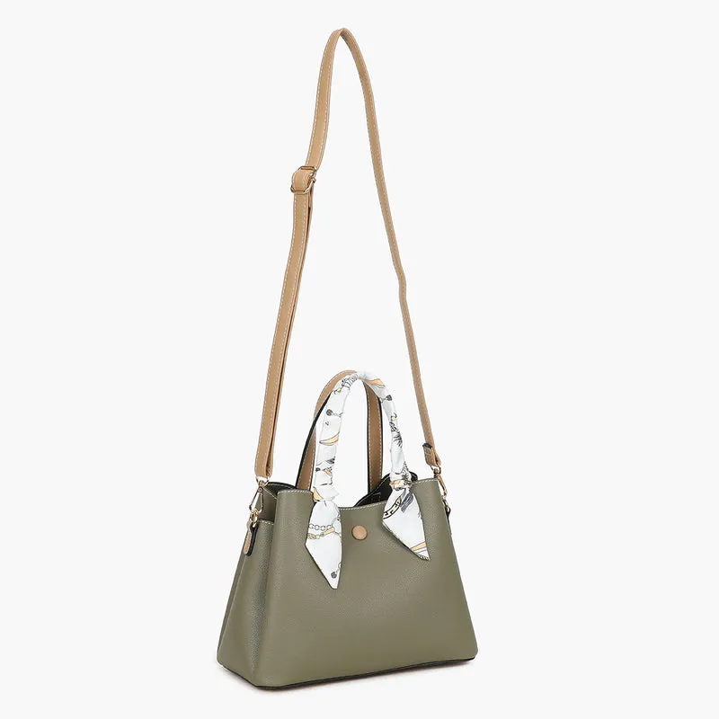 Petit sac à main kaki bicolor effet grainé avec foulard