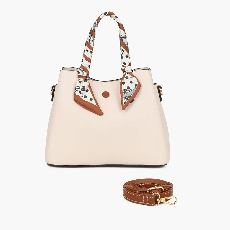 Petit sac à main écru bicolor effet grainé avec foulard