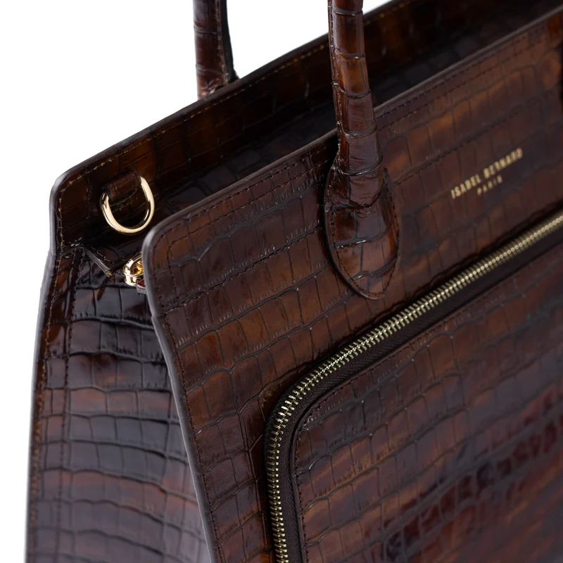 Isabel Bernard Honoré Nadine croco marron sac à main en cuir de veau avec compartiment pour ordinateur portable 13 pouces IB25110-230-13