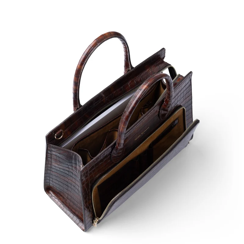 Isabel Bernard Honoré Nadine croco marron sac à main en cuir de veau avec compartiment pour ordinateur portable 13 pouces IB25110-230-13