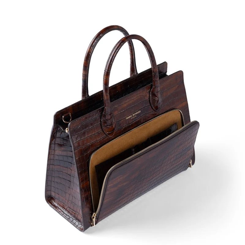 Isabel Bernard Honoré Nadine croco marron sac à main en cuir de veau avec compartiment pour ordinateur portable 13 pouces IB25110-230-13