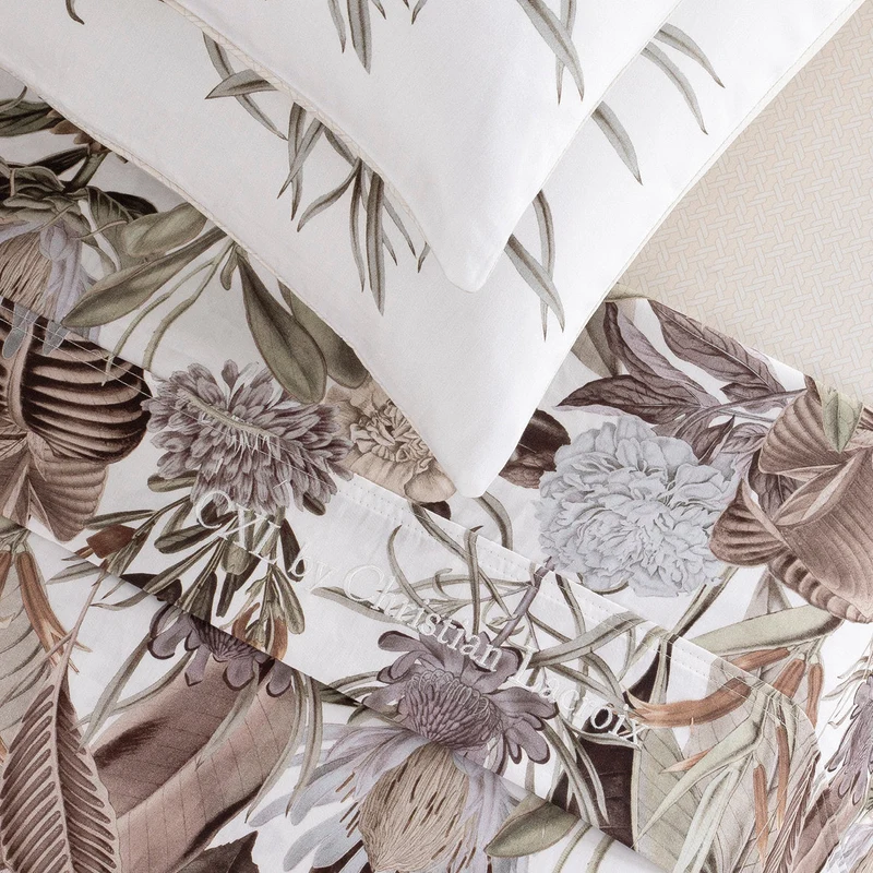 Ensemble de draps : drap-housse, drap plat, taie(s) d'oreiller en satin de coton - dessin Garden Taupe