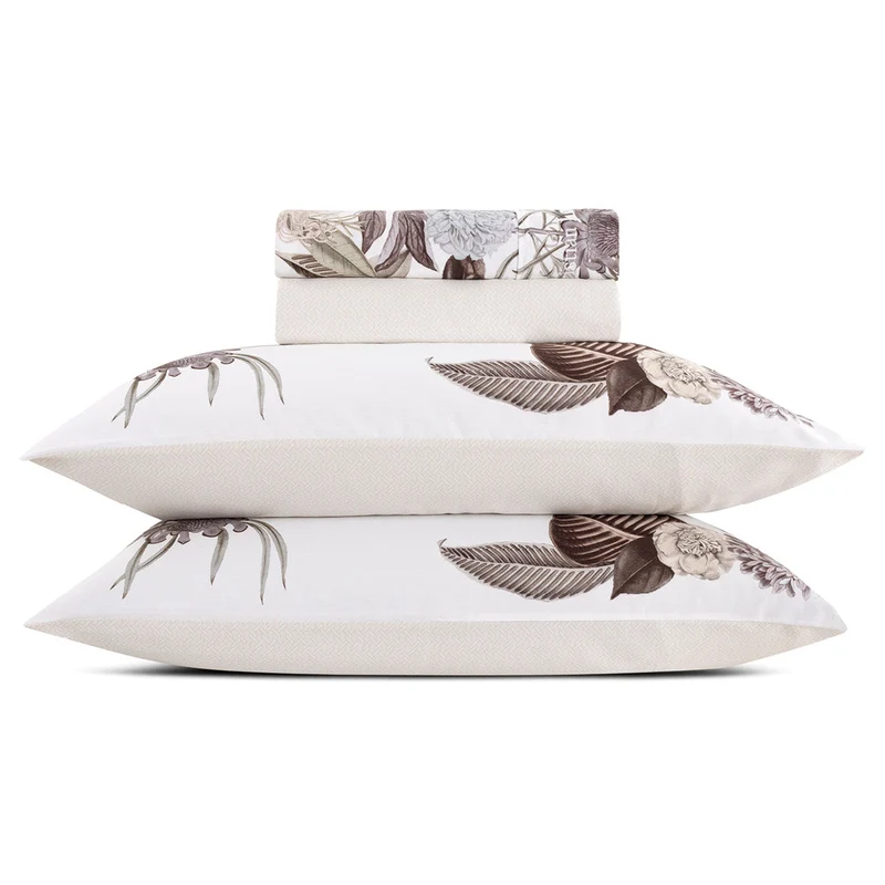 Ensemble de draps : drap-housse, drap plat, taie(s) d'oreiller en satin de coton - dessin Garden Taupe
