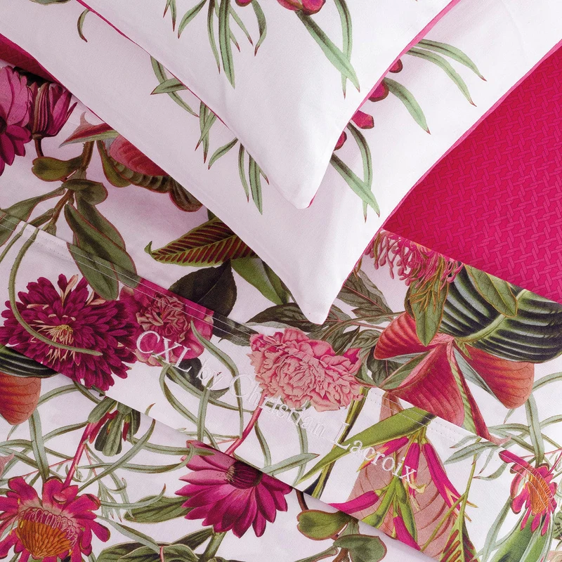 Ensemble de draps : drap-housse, drap plat, taie(s) d'oreiller en satin de coton - dessin Garden Fuchsia