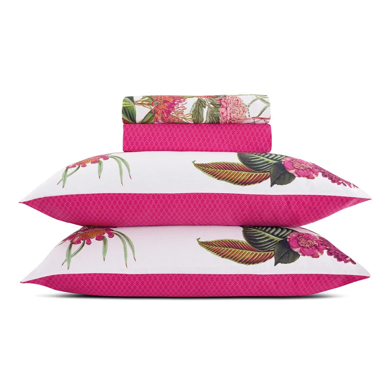 Ensemble de draps : drap-housse, drap plat, taie(s) d'oreiller en satin de coton - dessin Garden Fuchsia