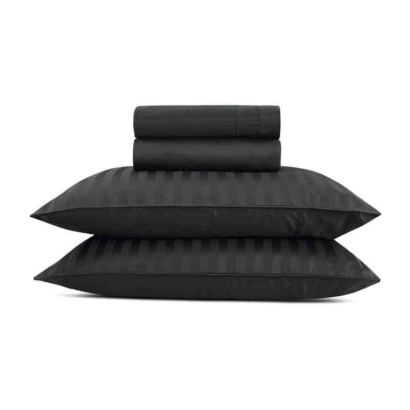 Ensemble de draps : drap-housse, drap plat, taie(s) d'oreiller en satin de coton - tissé Jacquard - dessin Rayure Noir