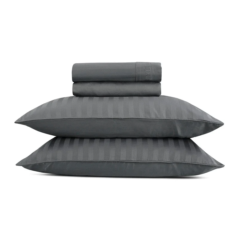 Ensemble de draps : drap-housse, drap plat, taie(s) d'oreiller en satin de coton - tissé Jacquard - dessin Rayure Gris foncé