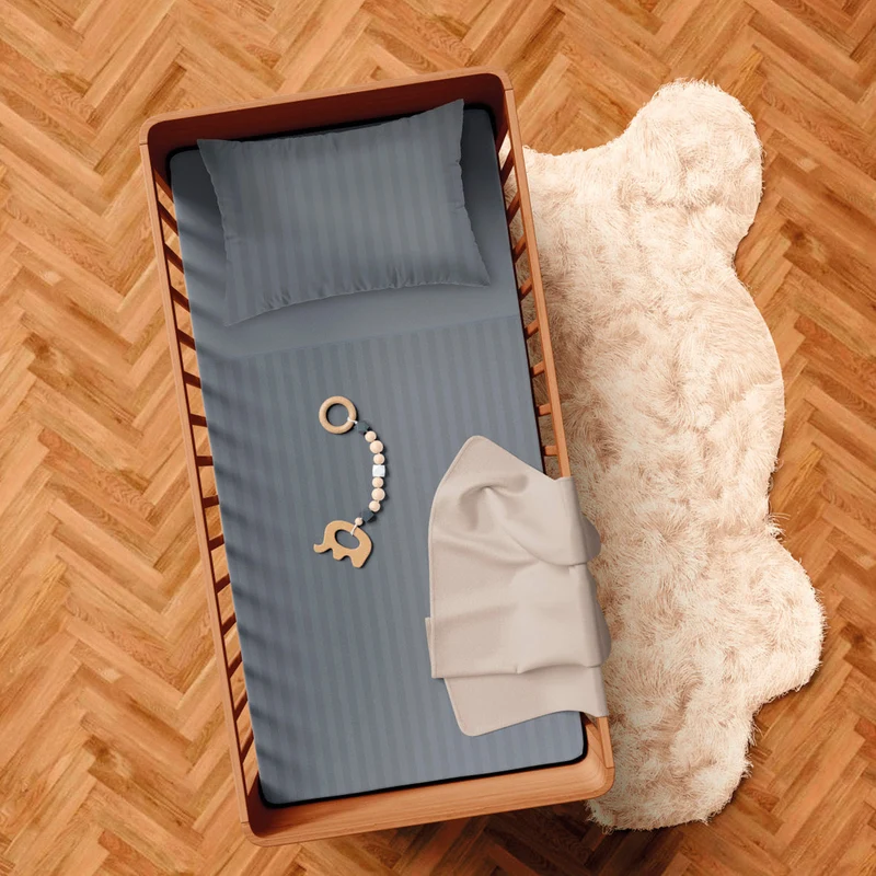 Housse de couette + taie d'oreiller bébé satin de coton - tissé Jacquard - Rayure Gris foncé