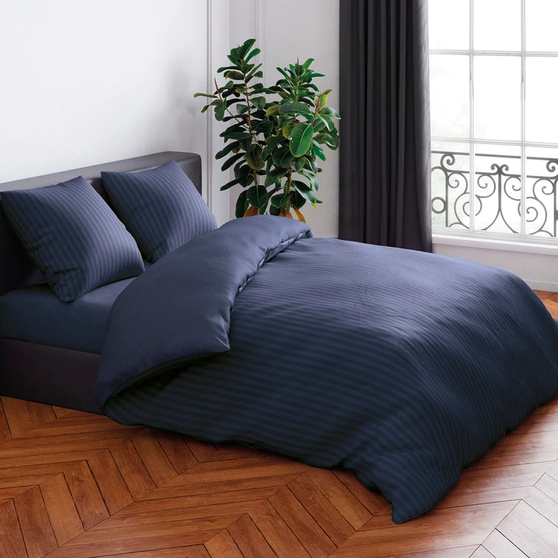 Housse de couette + taie(s) d'oreiller en satin de coton - Bleu foncé rayé