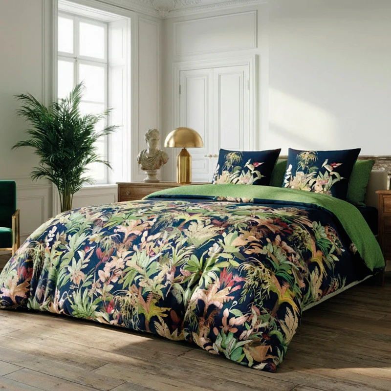 Housse de couette + taie(s) d'oreiller satin de coton - Miami Bleu foncé
