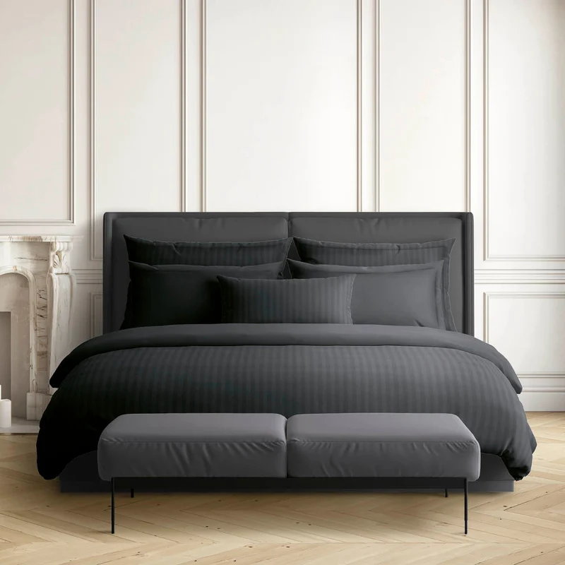 Housse de couette + taie(s) d'oreiller satin de coton rayure tissé dobby - Noir