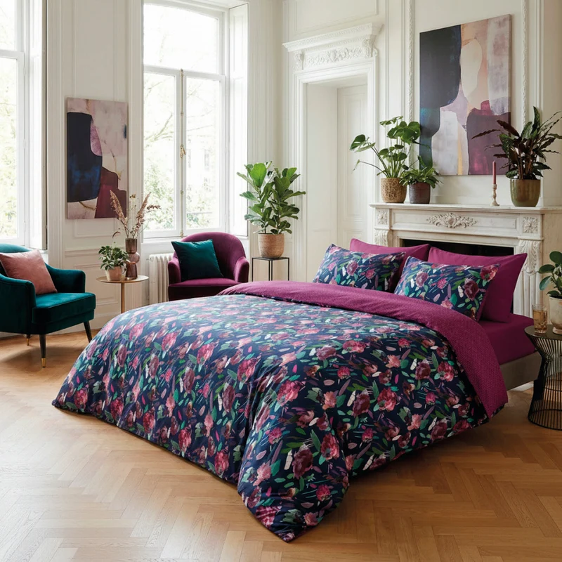 Drap plat satin de coton - Arty flowers bleu foncé