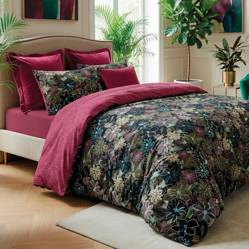 Housse de couette + taie(s) d'oreiller satin de coton - Fleurs pastel noir