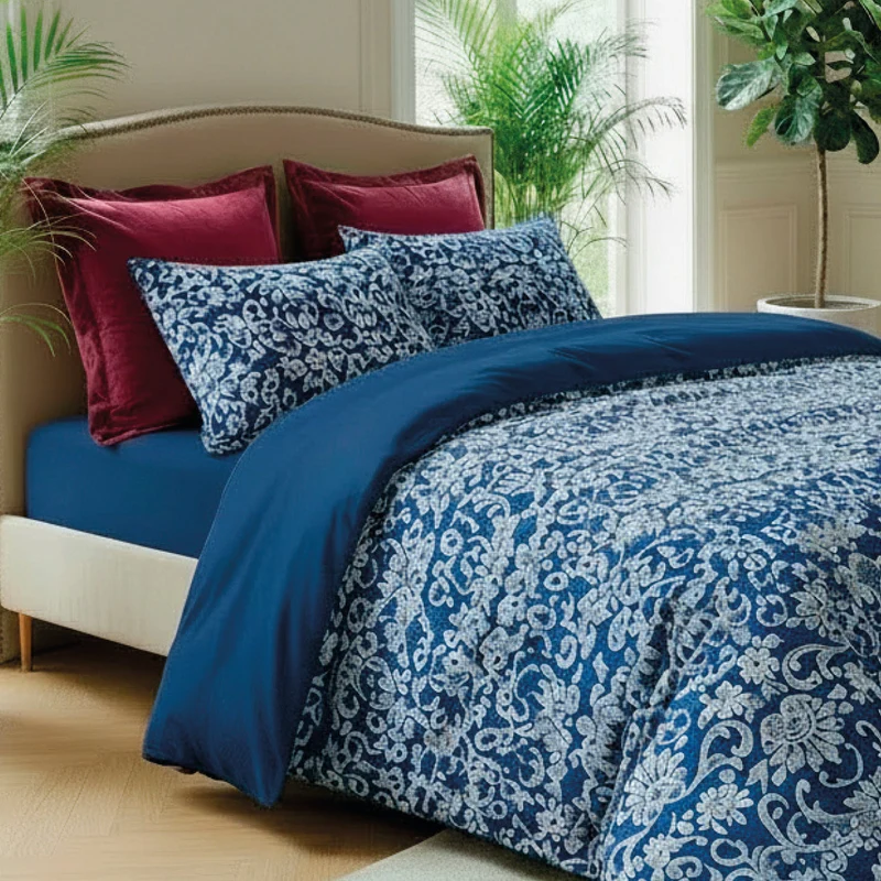 Housse de couette + taie(s) d'oreiller satin de coton - Passementerie bleu