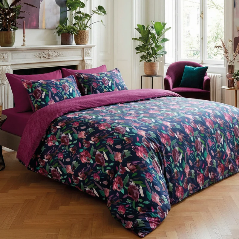 Housse de couette + taie(s) d'oreiller satin de coton - Arty flowers bleu foncé