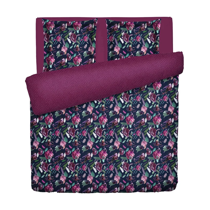Housse de couette + taie(s) d'oreiller satin de coton - Arty flowers bleu foncé