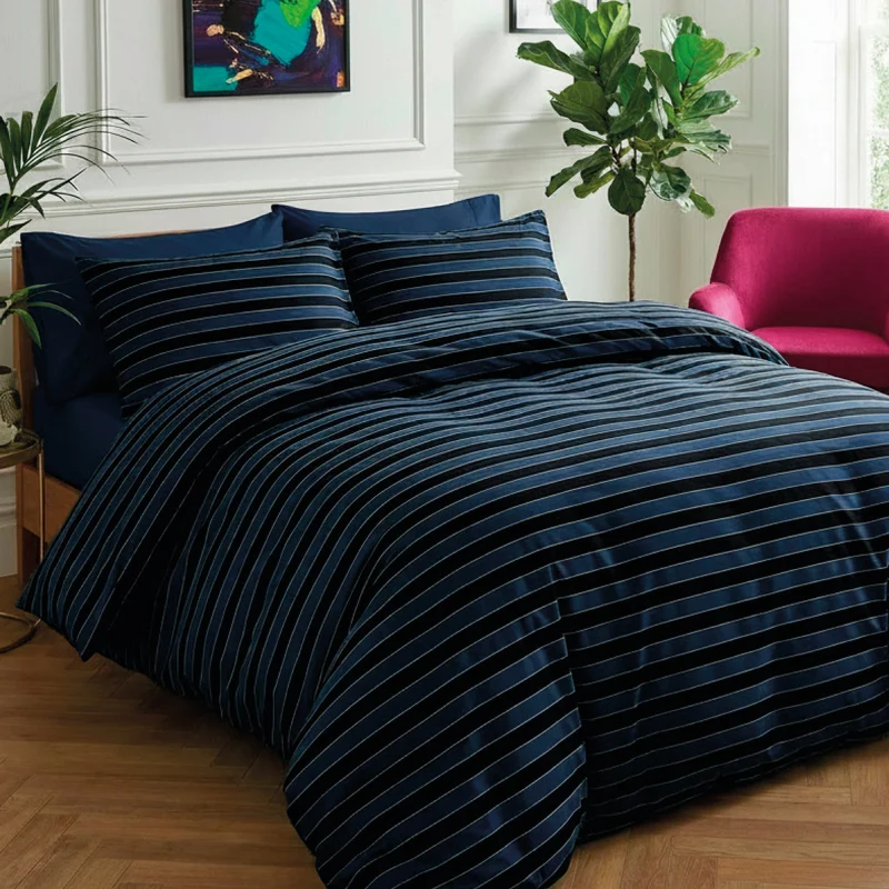 Housse de couette + taie(s) d'oreiller satin de coton - Eclipse bleu foncé
