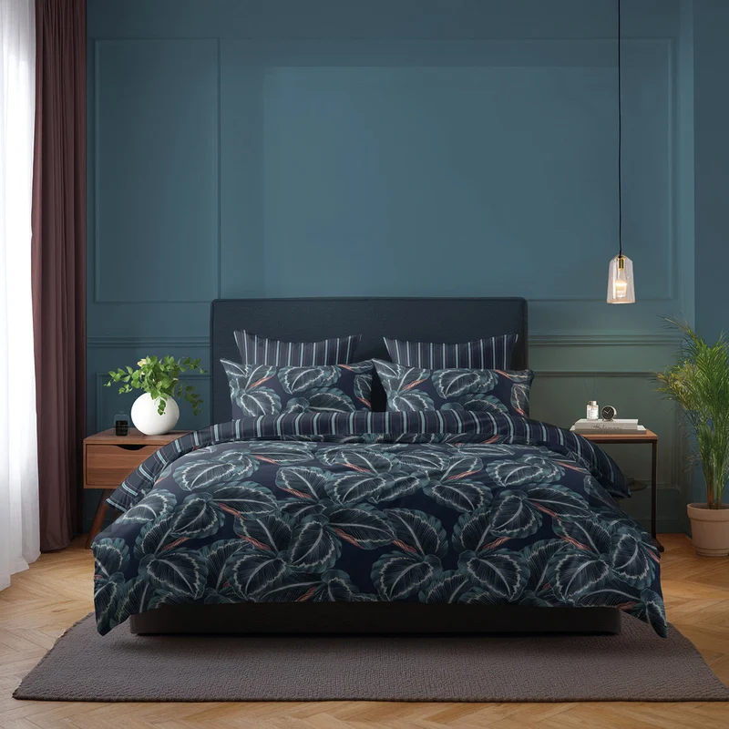 Housse de couette + taie(s) d'oreiller satin de coton - Calathea bleu foncé