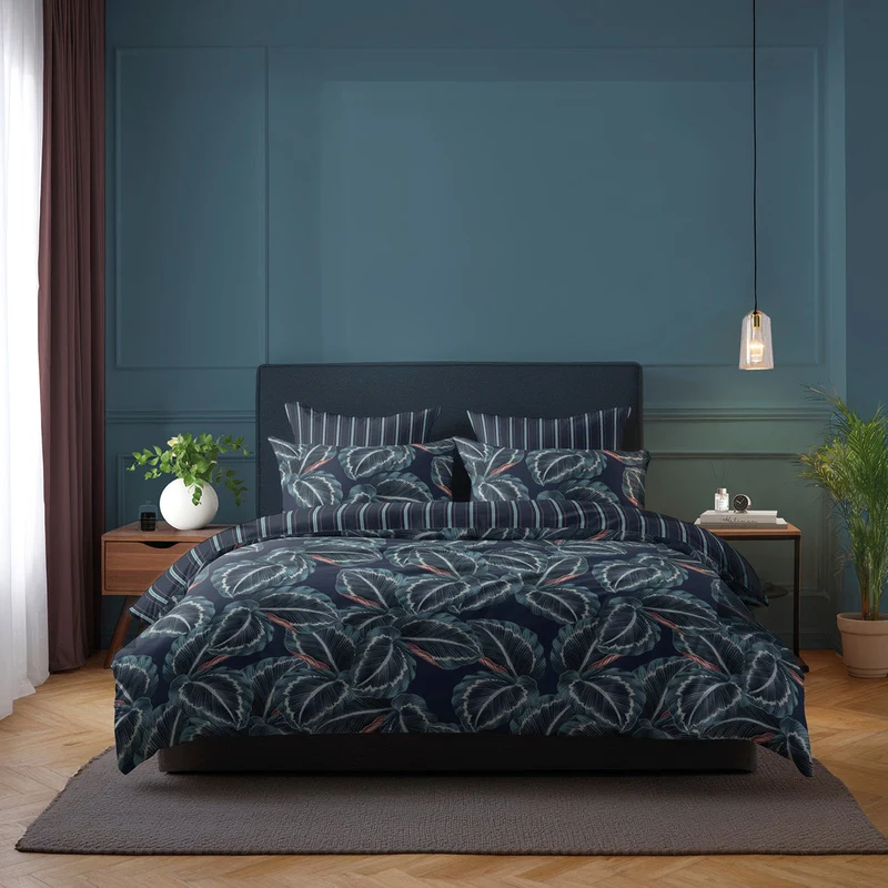 Taie d'oreiller satin de coton - Calathea Bleu foncé