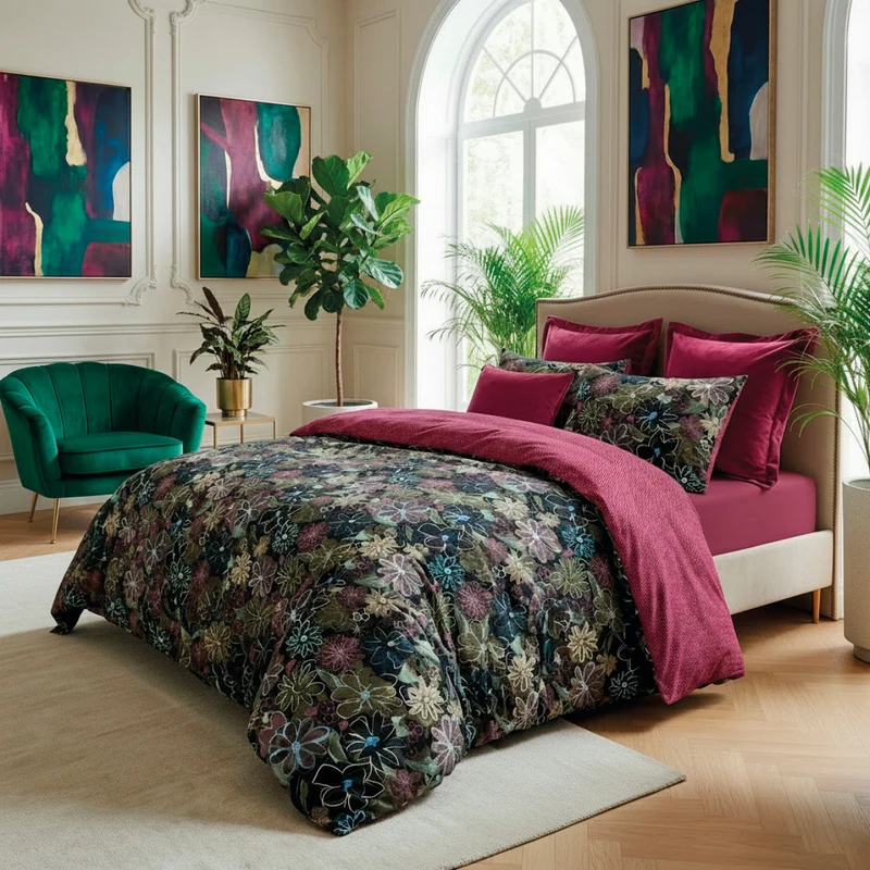 Taie d'oreiller satin de coton - Fleurs pastel Noir
