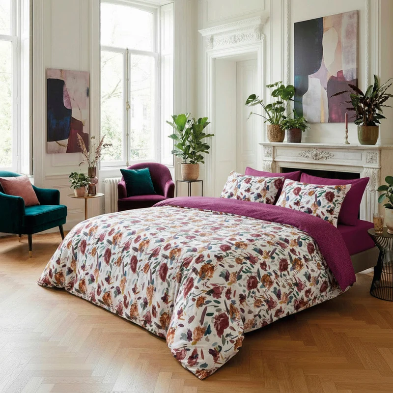 Housse de couette + taie d'oreiller satin de coton - Arty flowers Blanc