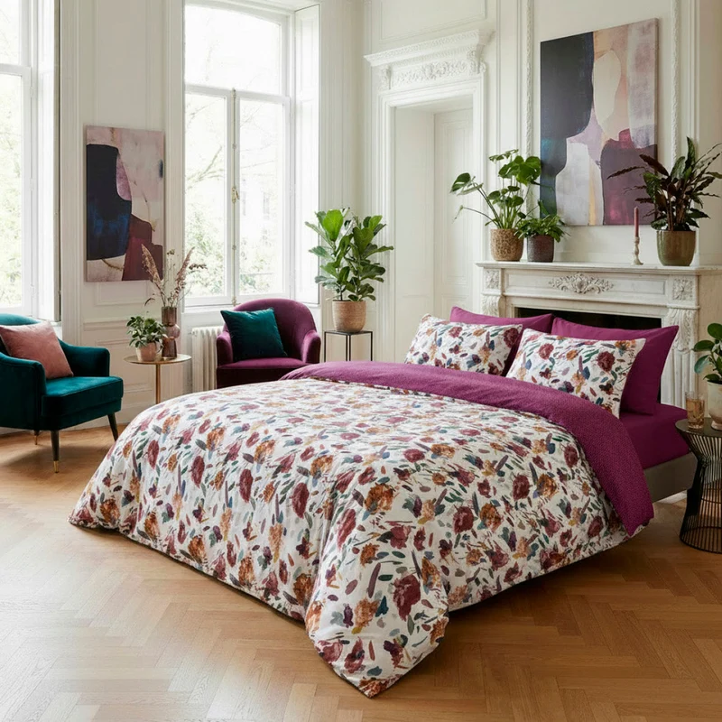 Drap plat satin de coton - Arty flowers Blanc
