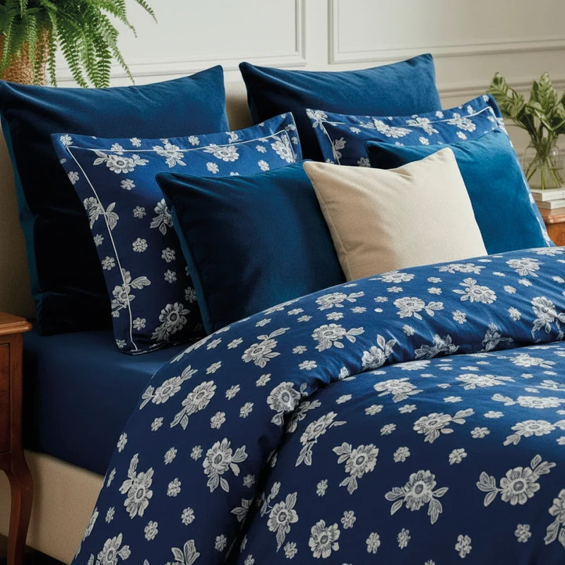 Taie d'oreiller satin de coton - Blossom Bleu foncé
