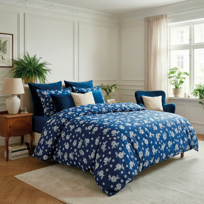 Housse de couette + taie d'oreiller satin de coton - Blossom Bleu foncé